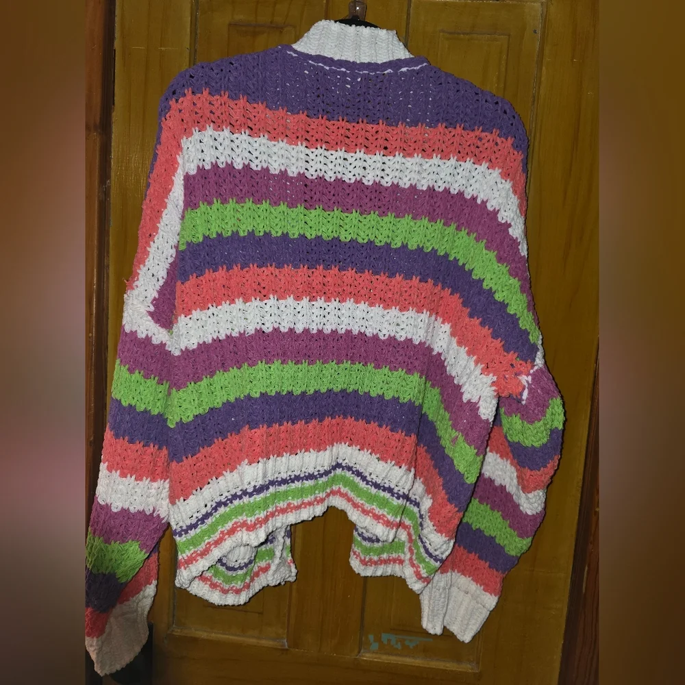 POL Striped Crochet Open Cardigan in Purple, White, Pink, Green